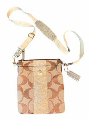 Coach Beige and Brown Signature Crossbody with Gold Hardware